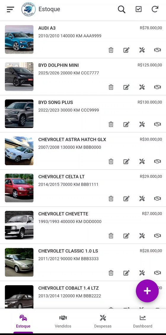 Lista de veículos em estoque no celular