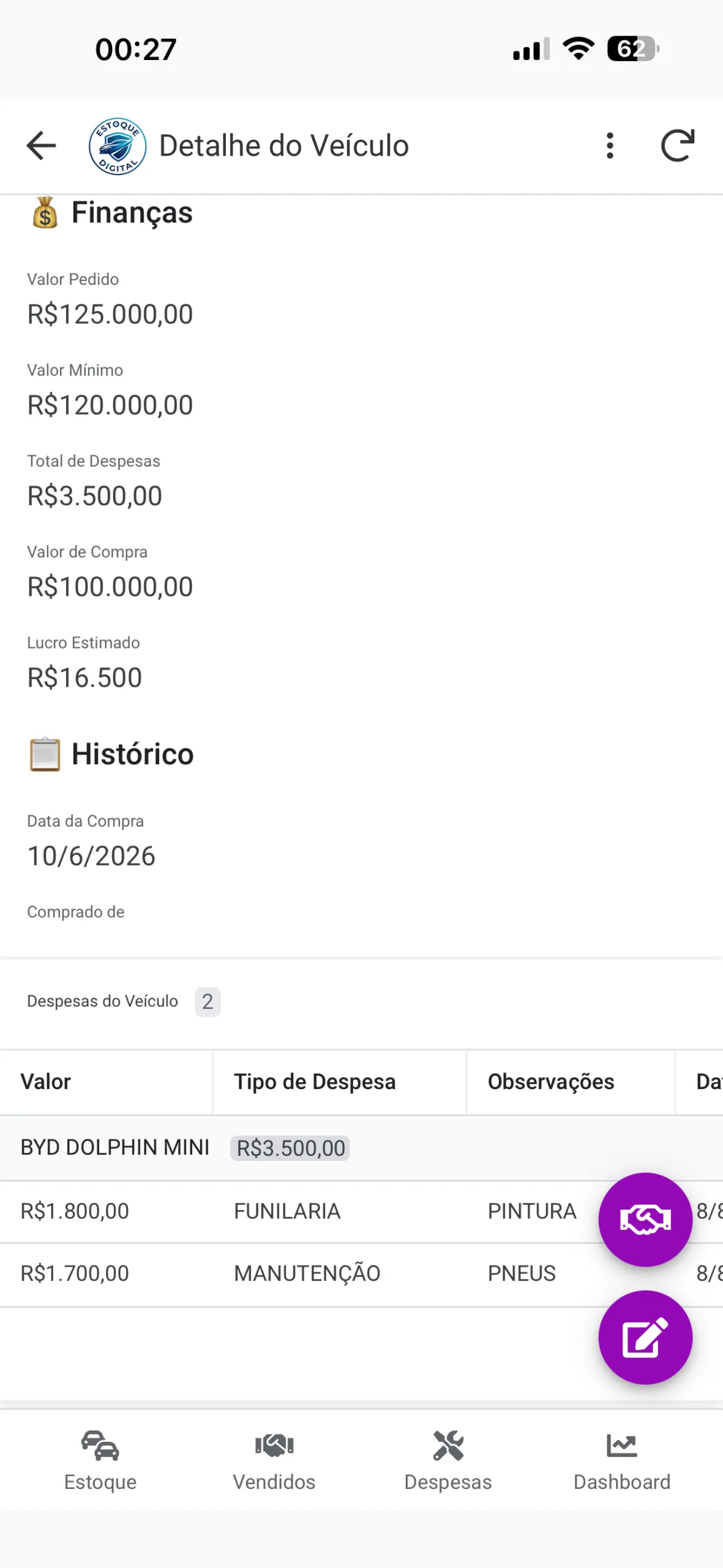 Tela de despesas e fotos de um veículo cadastrado